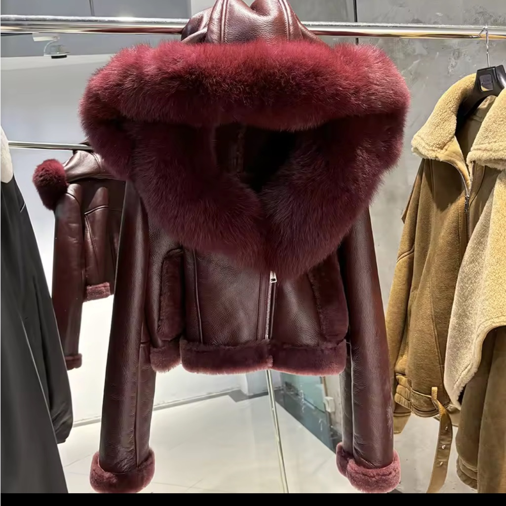 Elegant Burgundy Fur-Trimmed Bomber Jacket